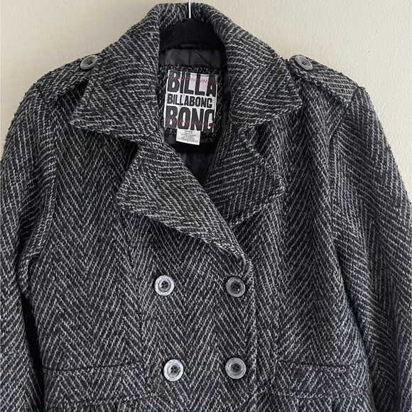 Billabong Tweed Pea Coat Jacket Womens Size XL Wool Blend Collared Black Pocket - Picture 5 of 16